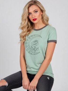 LuLaRoe Liv XS Mint Green Gray Moon Rose Short Sleeve T-shirt